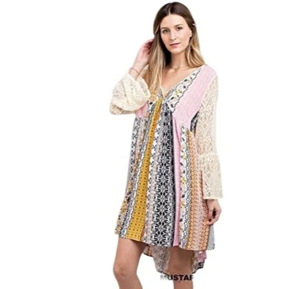 Mixed Print Lace Bell Sleeve Mini Dress | Boho Coastal Cowgirl Whimsigoth Indie - Picture 9 of 12